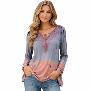Soft Surroundings Tunic Blouse Womens Medium Embroidered V Neck Long Sleeve Top